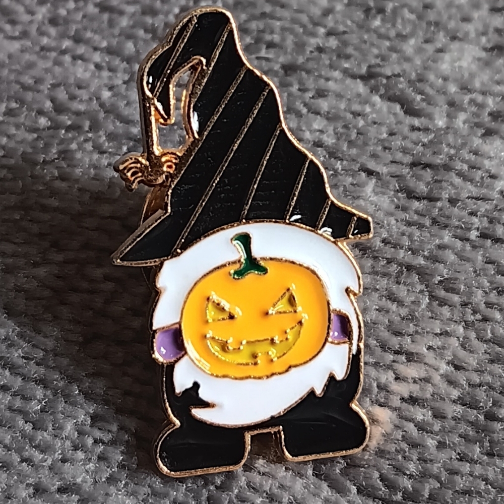 Pumpkin Face Gnome Sweater Pin, Metal Enamel Halloween Jacket Brooch